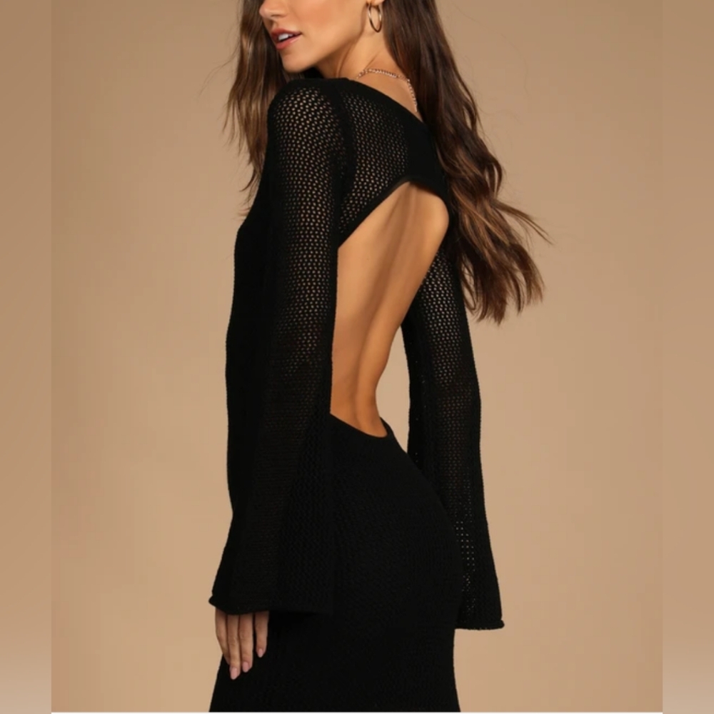 Black Knit Long Sleeve Backless Mini Dress